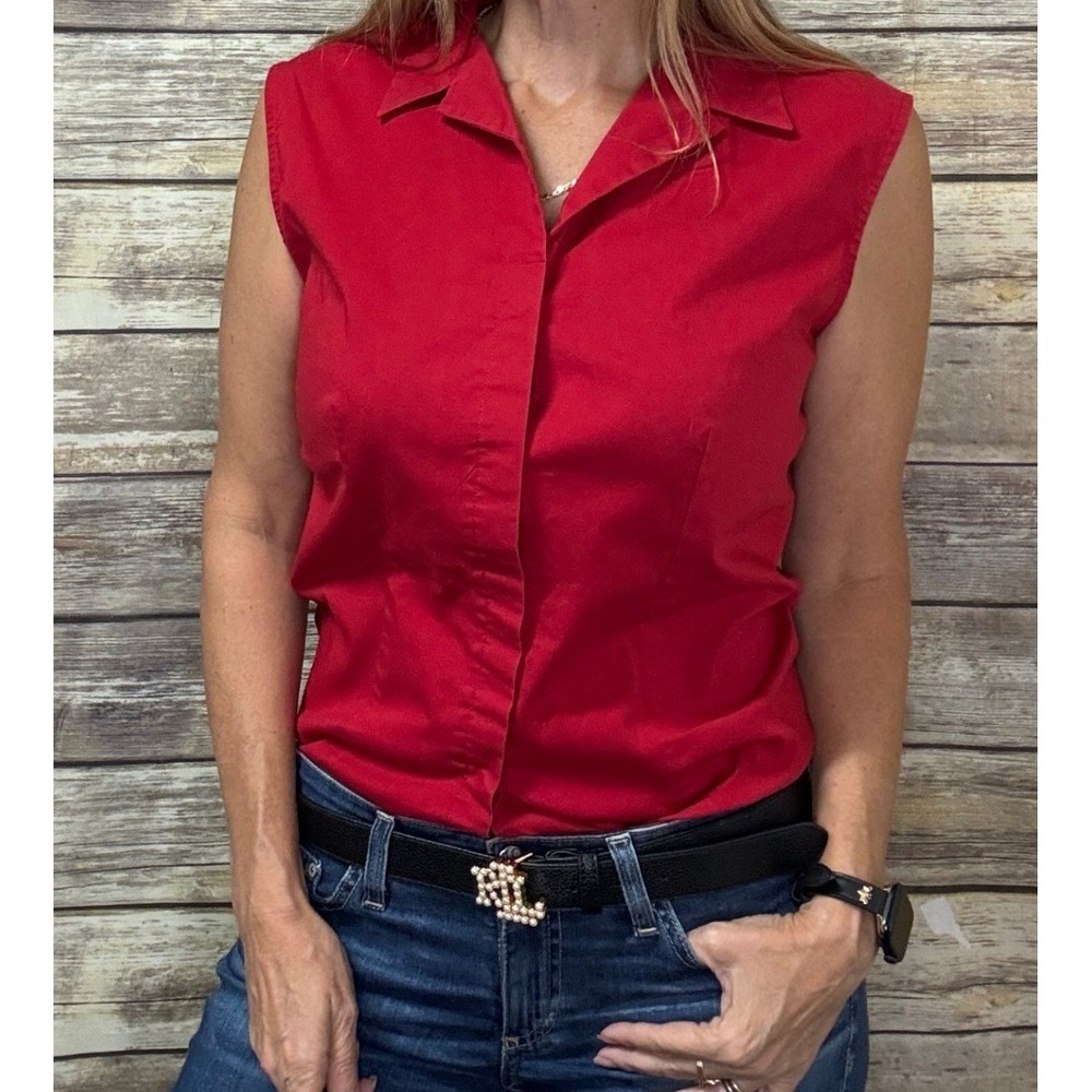 Y2K GAP XL Red Sleeveless Stretch Cotton Hidden Button Down Blouse Shirt